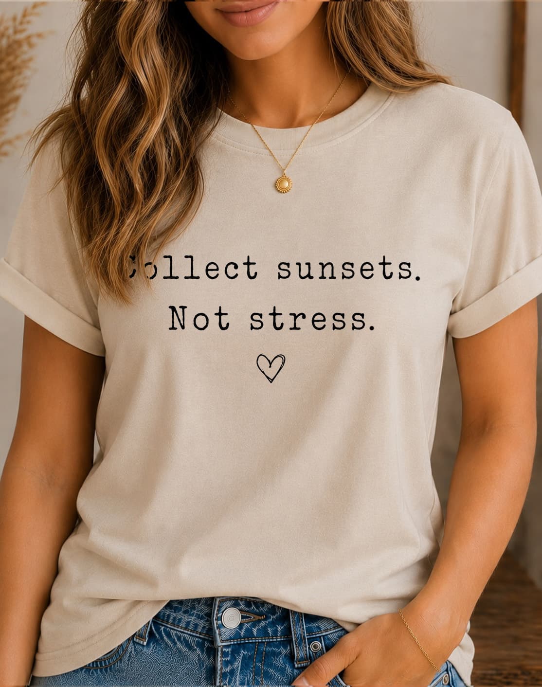Collect Sunsets. Not Stress.™ women's slogan t-shirt by ObjectHours