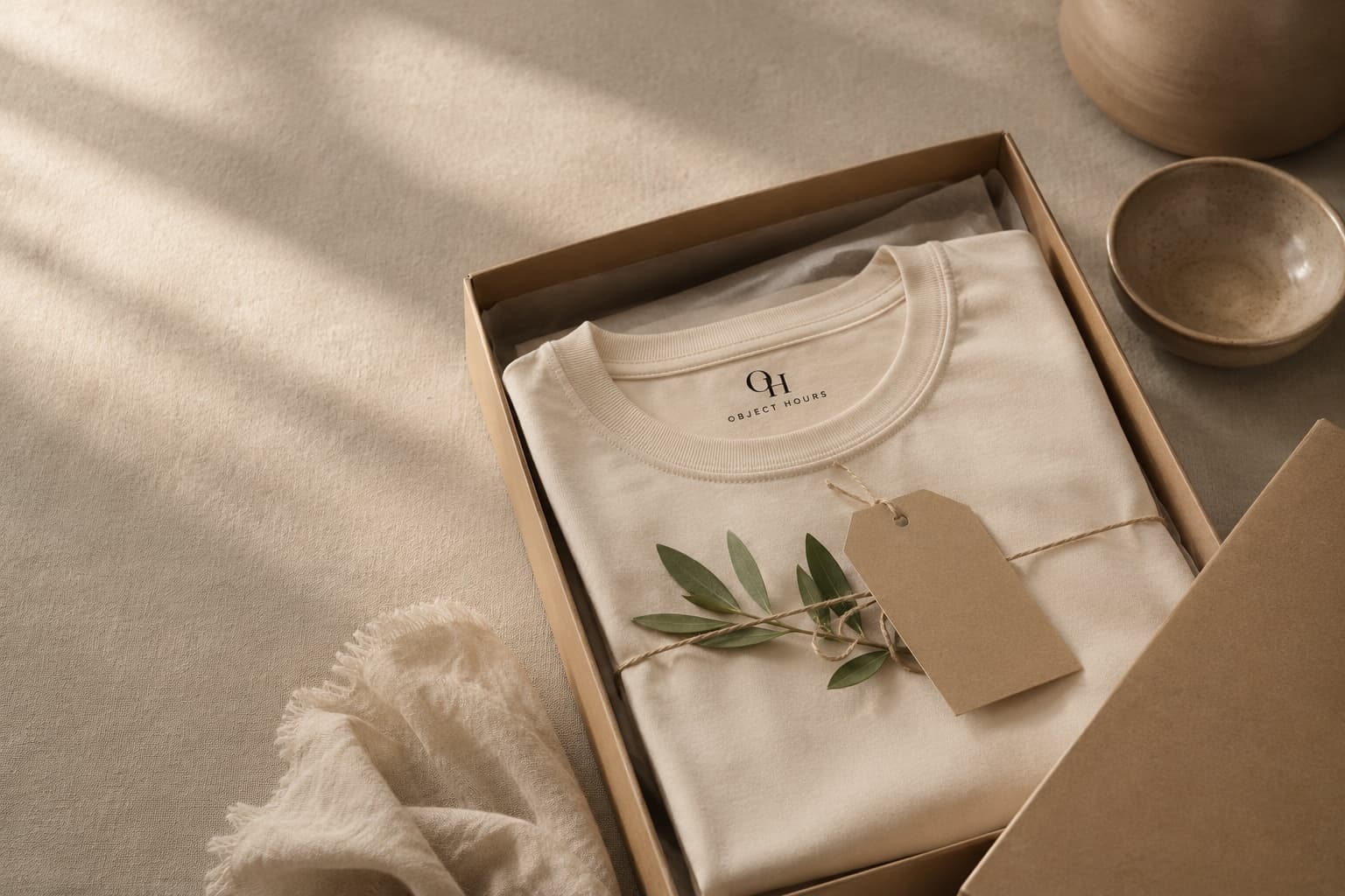 An ObjectHours tee folded in a kraft gift box with an olive sprig — giftable favorites.