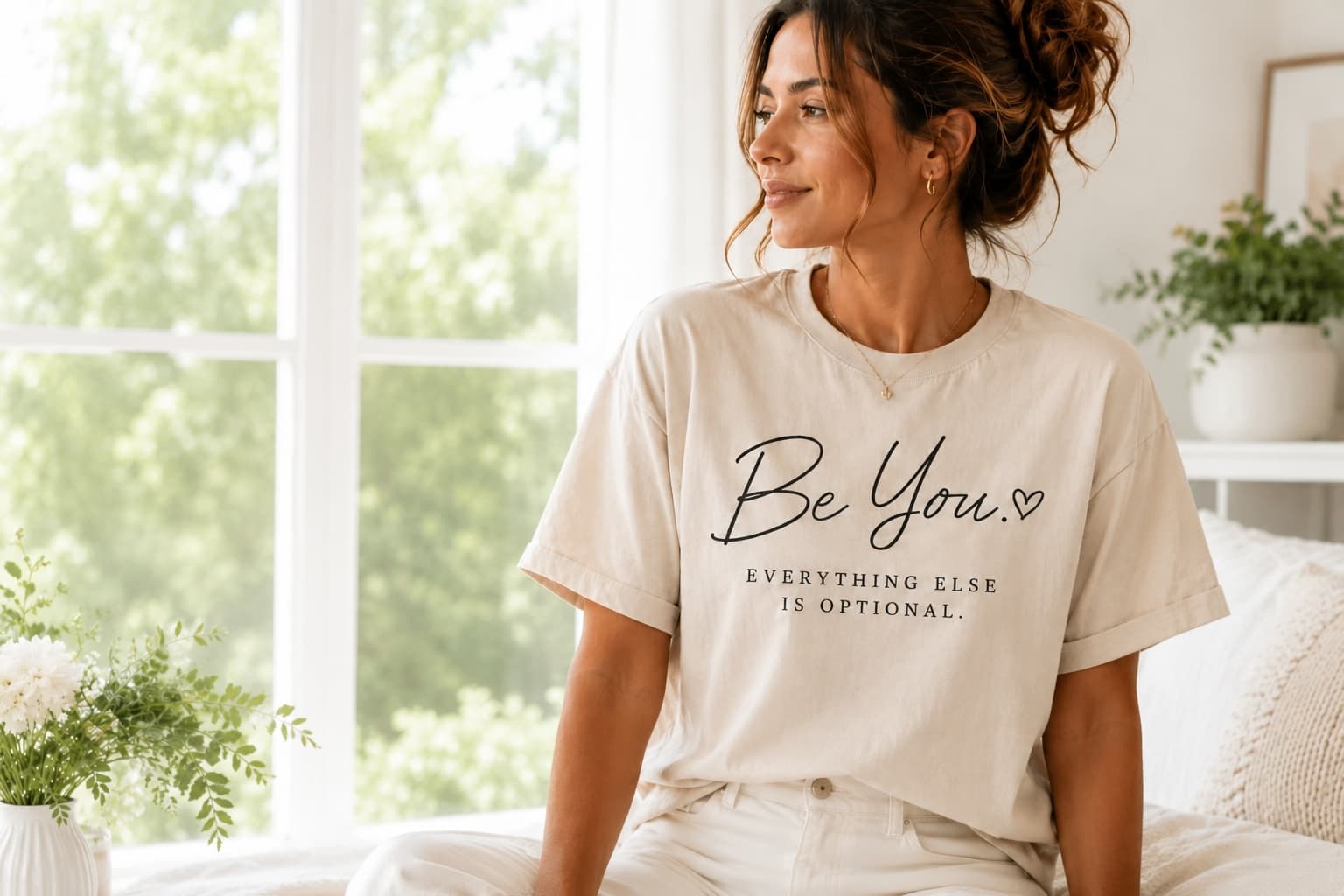 Woman in a cream Be You. Everything Else Is Optional. tee sitting by a sunlit window in a calm, plant-filled bedroom.